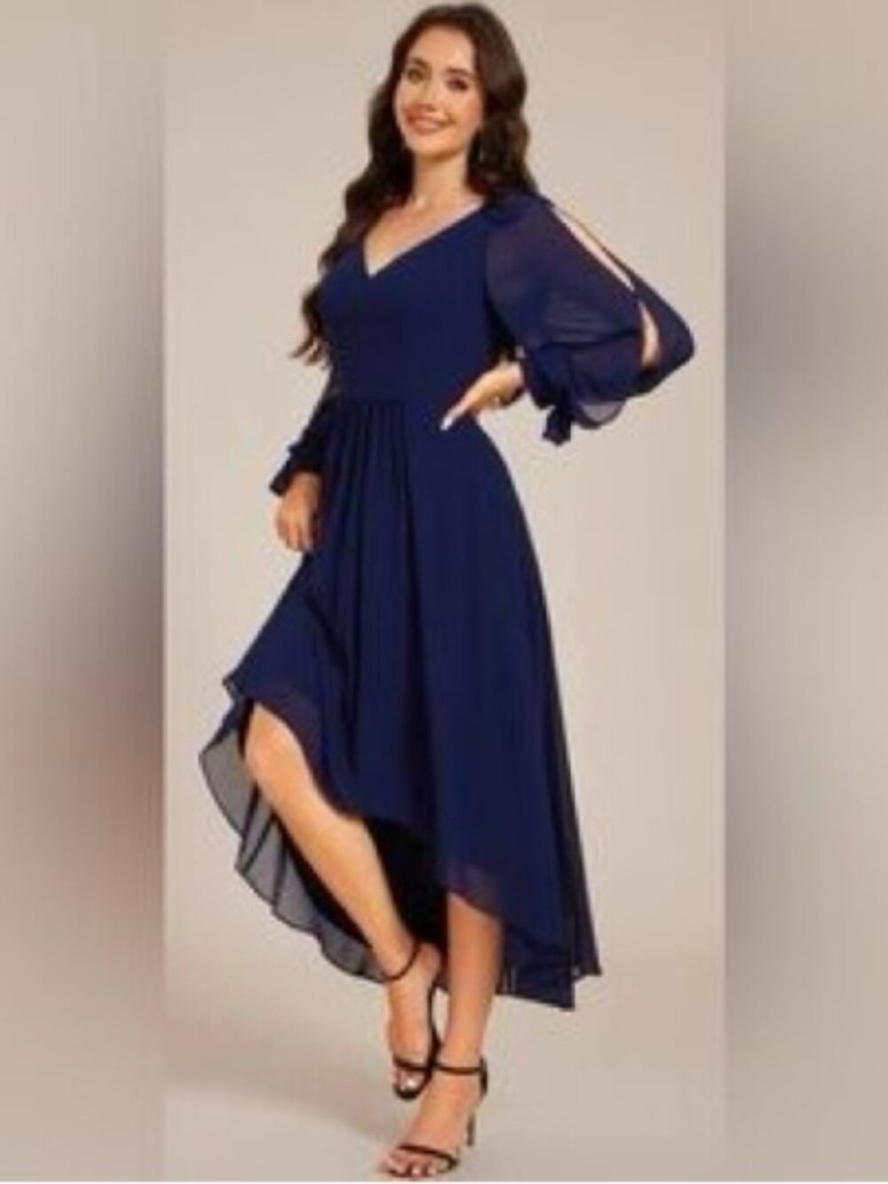 Ever Pretty Longsleeve V-Neck Midi Chiffon Dress Sz 12 Navy Wedding Fairy NWT